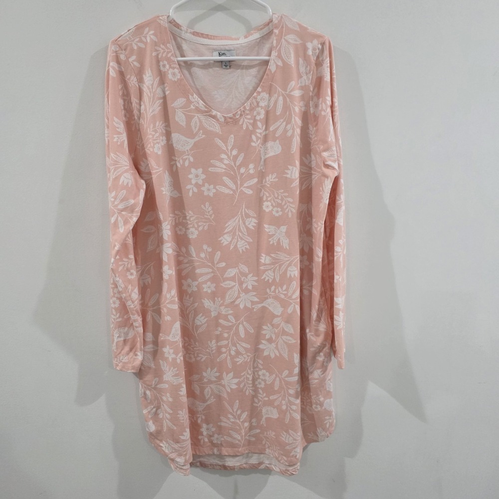 Womens Floral Bird Shirt Dress Size Large Pink Art Long Sleeve Feminine Dainty